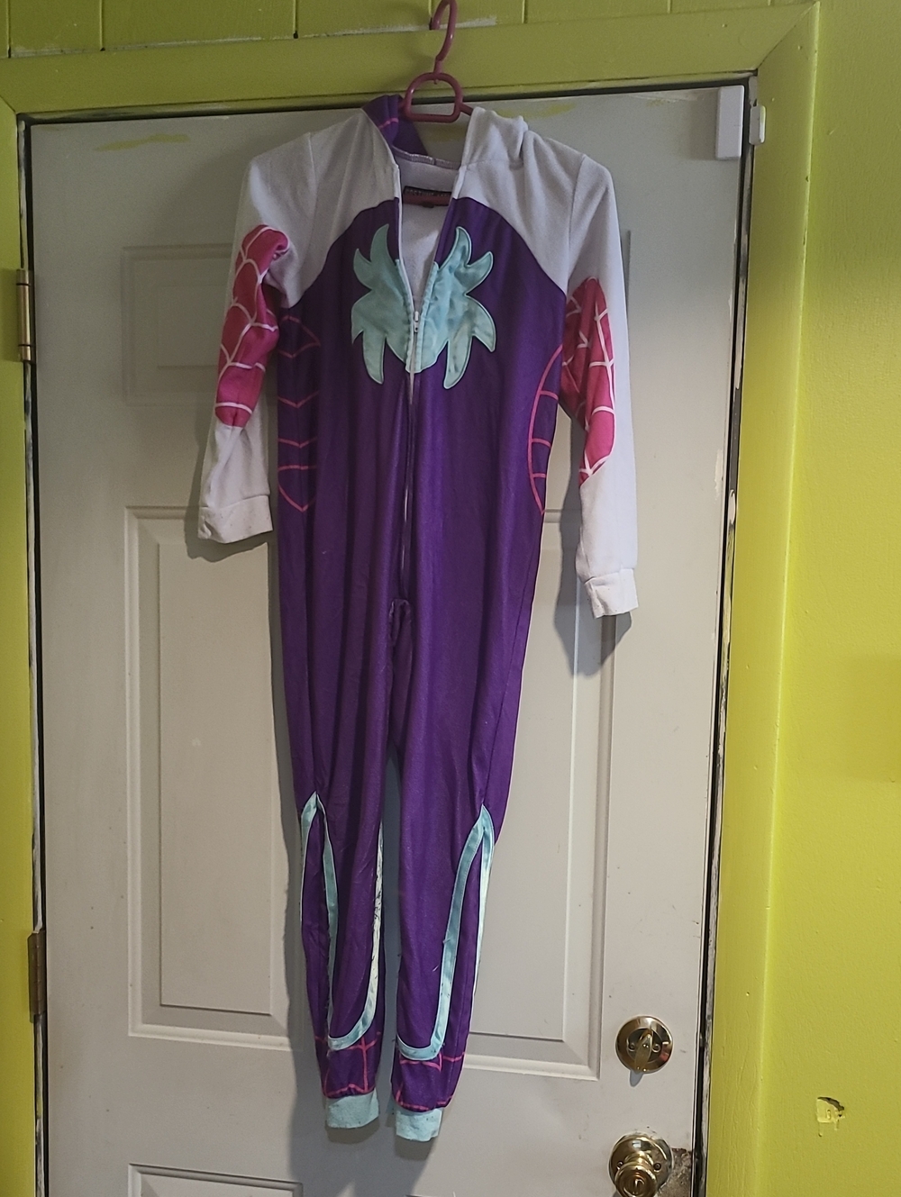 Kids Purple Hooded Spidey One-Piece Romper with Pink and Mint Accents